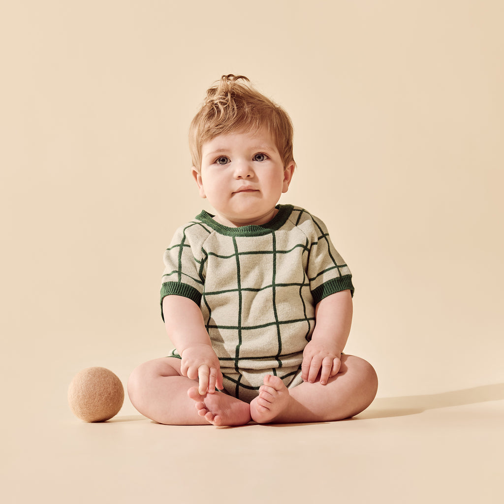 Wilson + Frenchy Lagoon Organic Knitted Check Growsuit