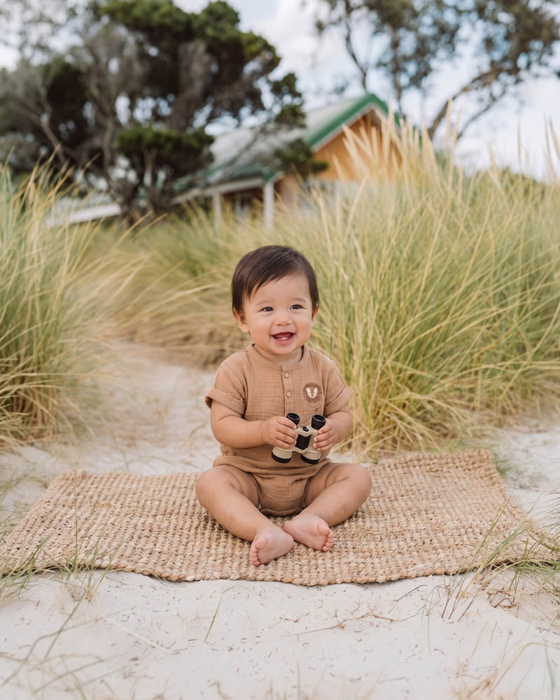 Bebe Sway Textured Embroidered Lion Romper