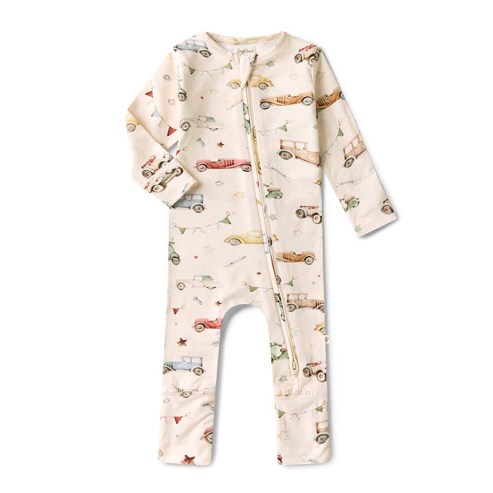 SNUGGLE HUNNY I Vintage Cars Organic Snugglesuit Convertible Romper: Newborn (0000)