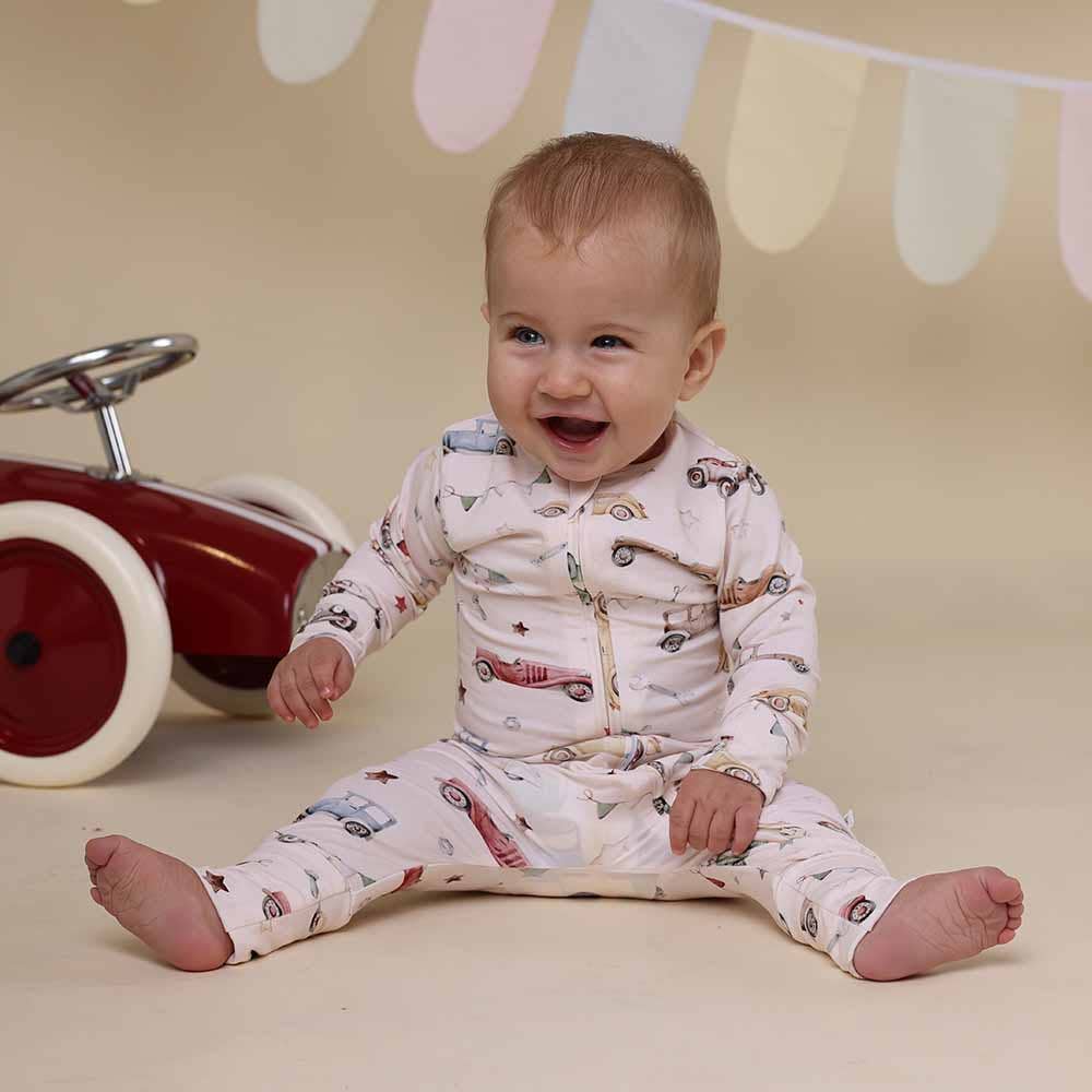 SNUGGLE HUNNY I Vintage Cars Organic Snugglesuit Convertible Romper: 3-6 Months (00)