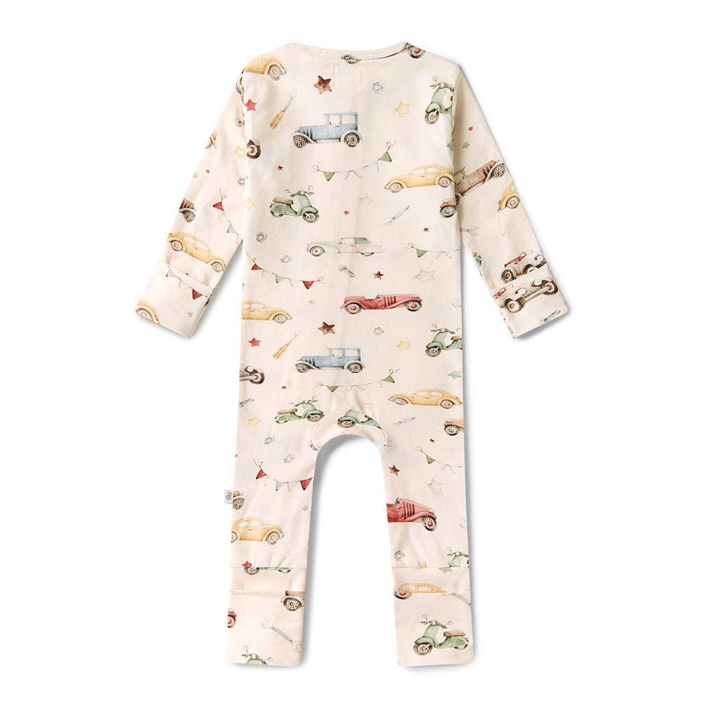 SNUGGLE HUNNY I Vintage Cars Organic Snugglesuit Convertible Romper: 0-3 Months (000)
