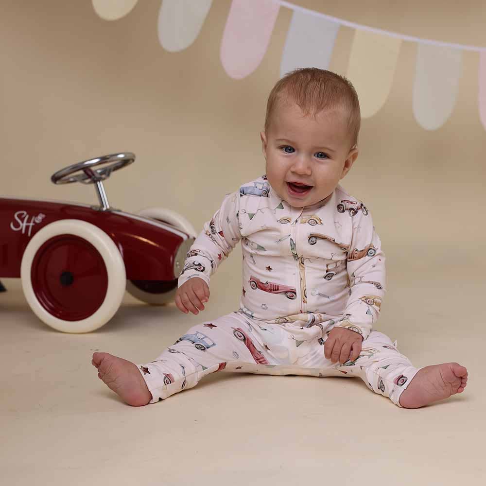 SNUGGLE HUNNY I Vintage Cars Organic Snugglesuit Convertible Romper: 0-3 Months (000)